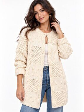 Vintage Irish Wool Hand Knit Textured Long Cardigan Sweater Ivory XL